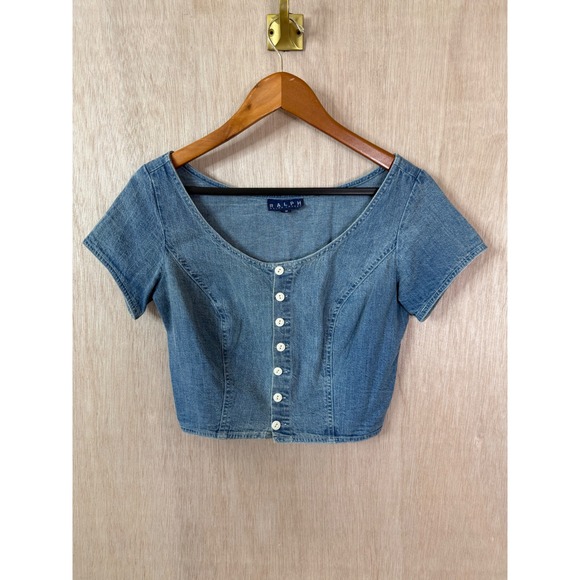 Ralph Lauren Tops - Vintage Ralph Lauren Denim Crop Top Blue Button Down Short Sleeve Shirt M